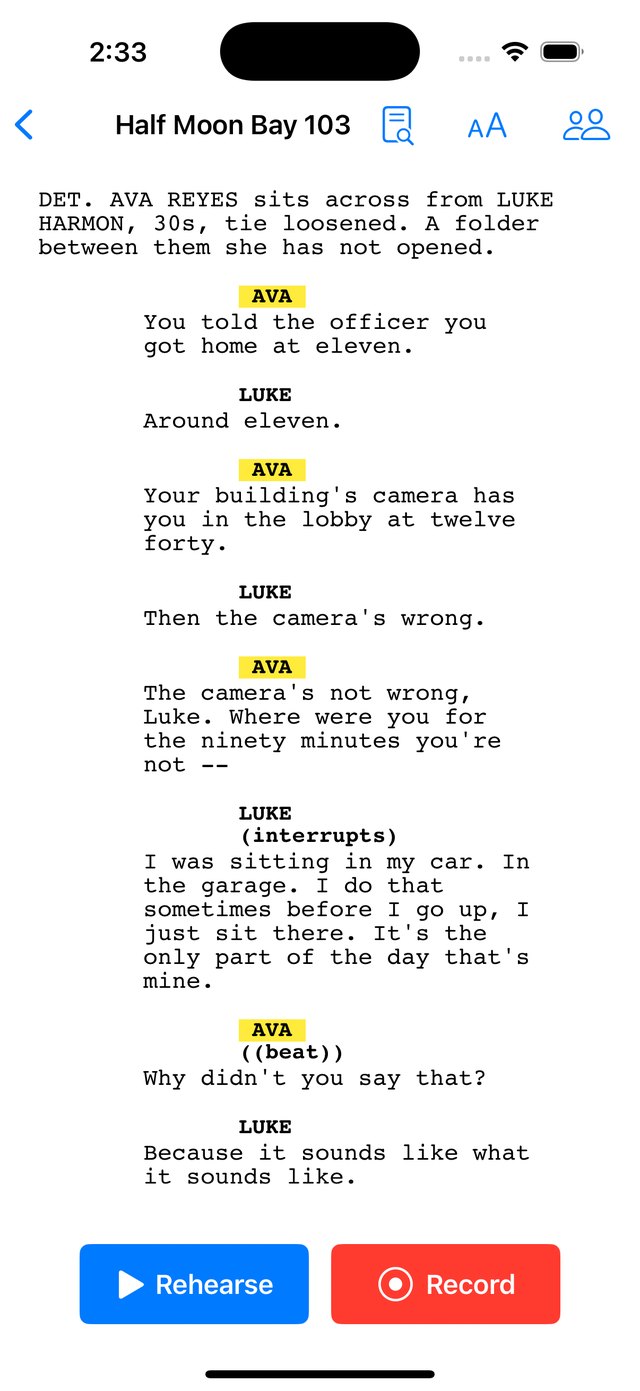A script broken down in Booked, with Rehearse and Record at the bottom